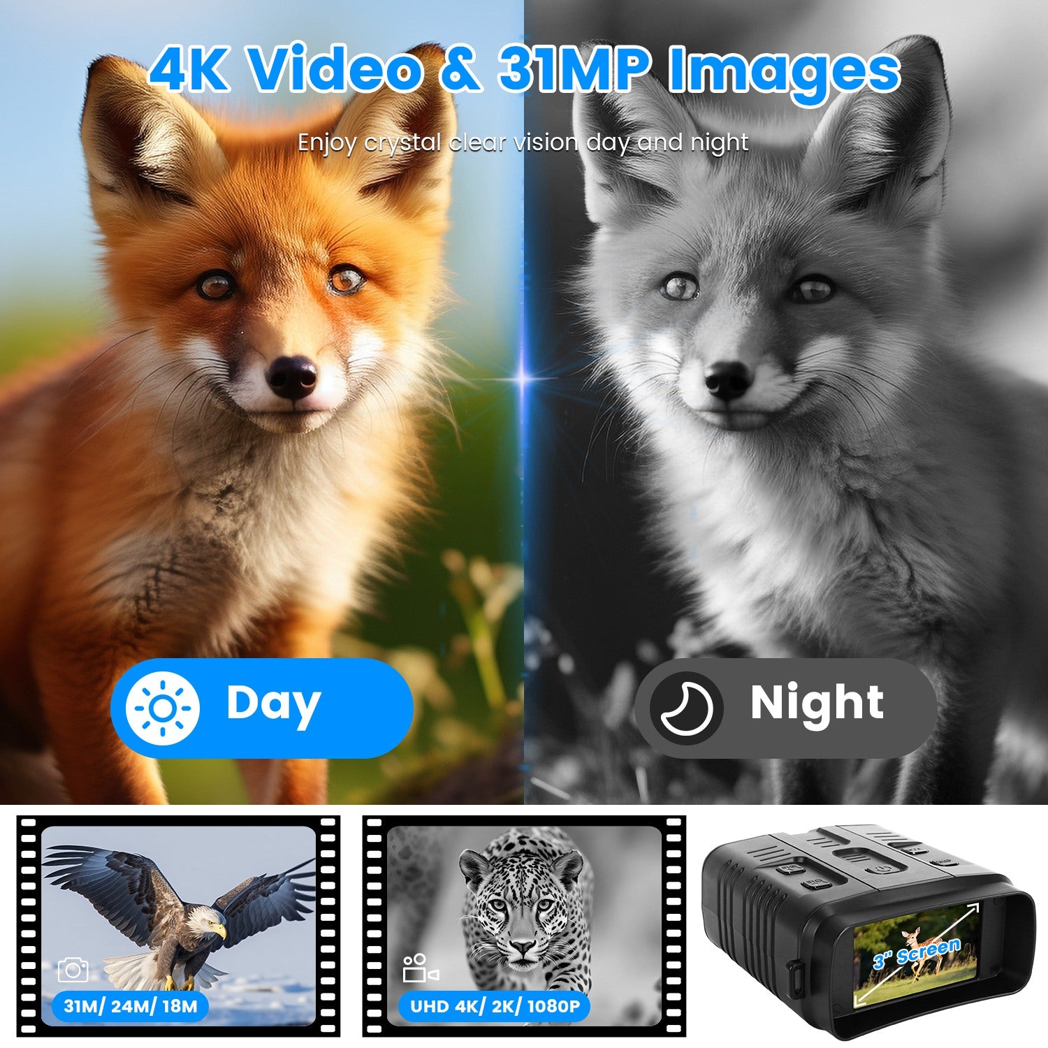 4K video and 31MP images showcasing day and night vision capabilities with night vision goggles 10X zoom