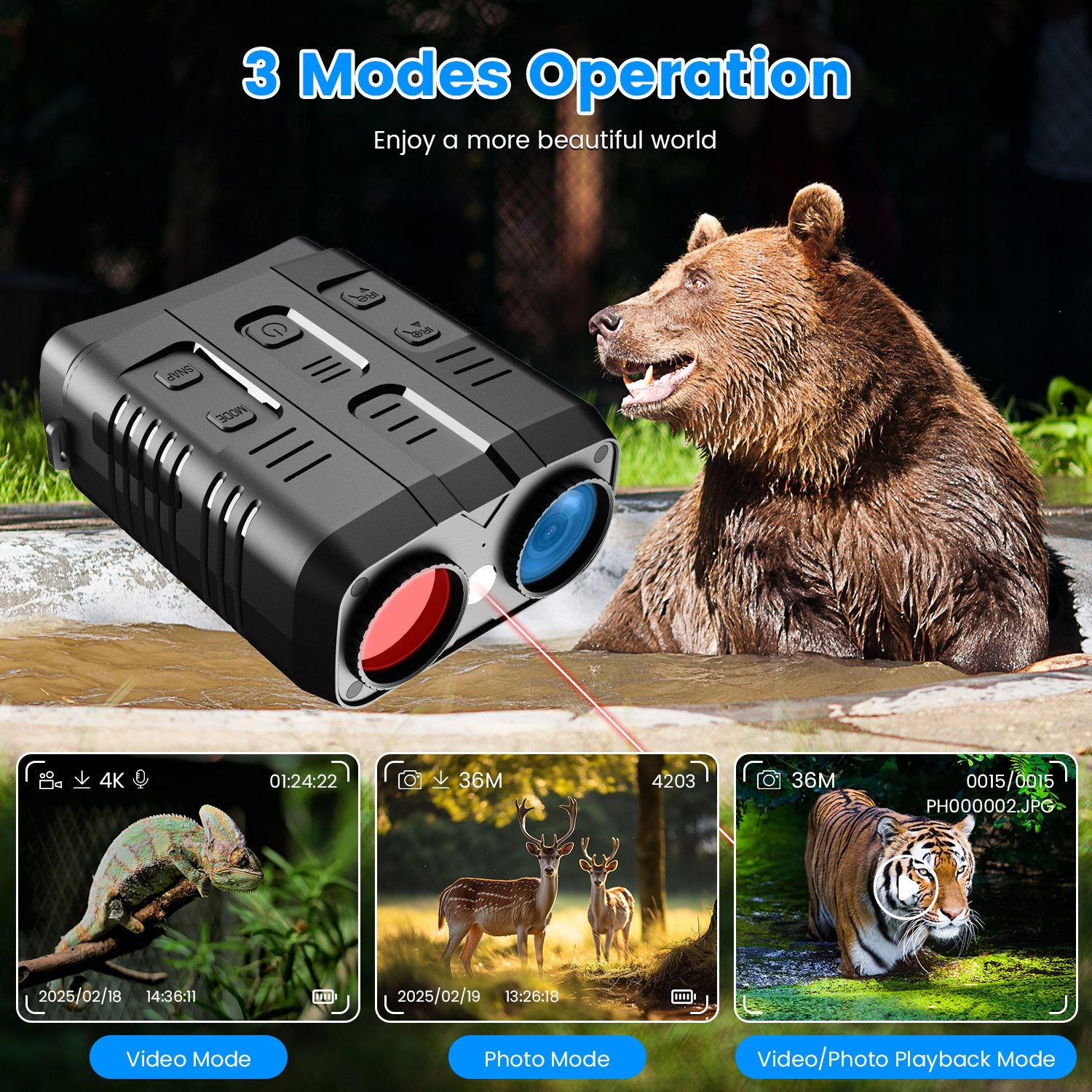 Night vision goggles 10X zoom with 3 modes operation for clear viewing of wildlife.