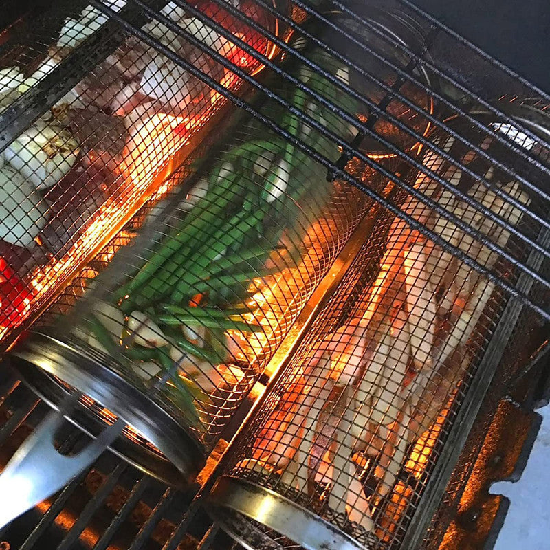 Outdoor Camping BBQ Drum Grilling Basket Stainless Steel Cooking Grill Grate Campfire Picnic Cookware