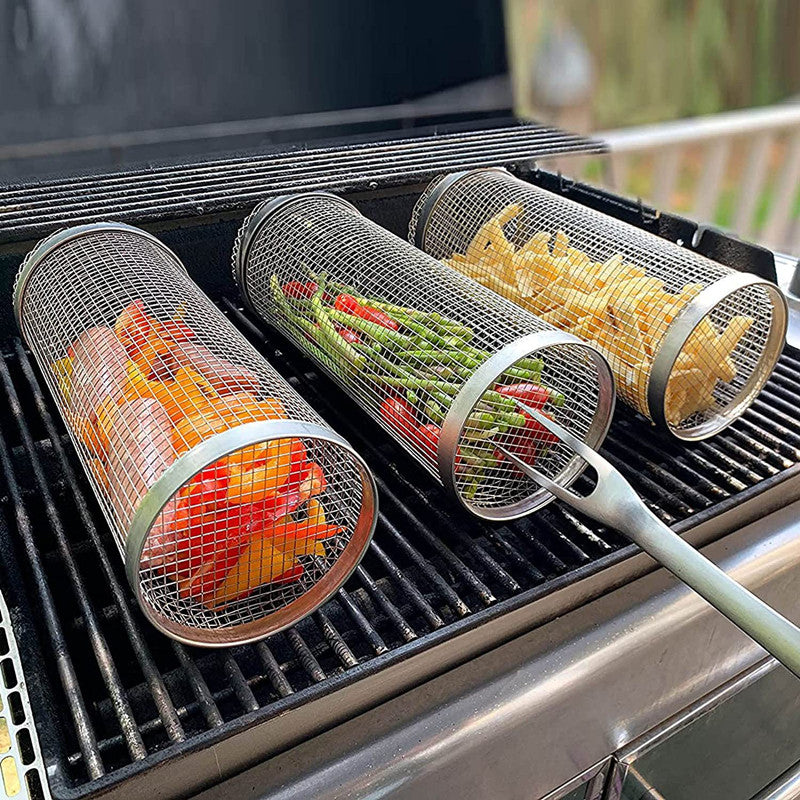 Outdoor Camping BBQ Drum Grilling Basket Stainless Steel Cooking Grill Grate Campfire Picnic Cookware
