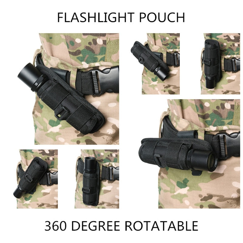 Outdoor Tactical Flashlight Pouch Holster 360 Degree Rotatable Clip Torch Cover for Belt Flashlight Holder
