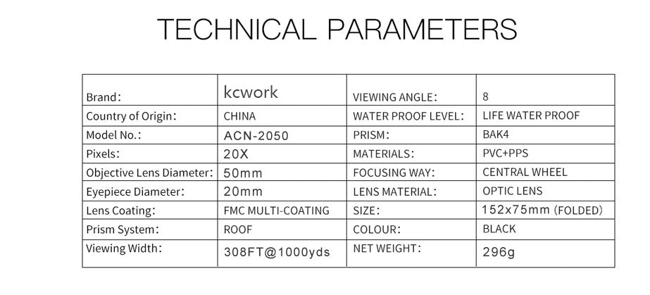 KCWORK Monocular 20x50 Powerful High Quality Zoom Great Handheld Telescope lll night vision Military HD Professional Hunting