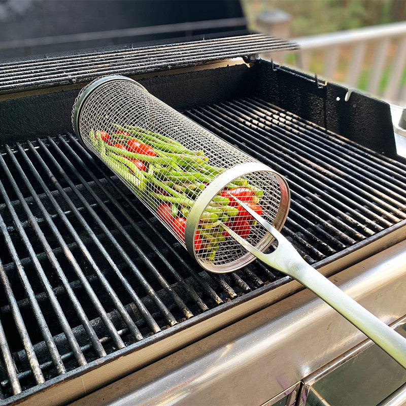Outdoor Camping BBQ Drum Grilling Basket Stainless Steel Cooking Grill Grate Campfire Picnic Cookware