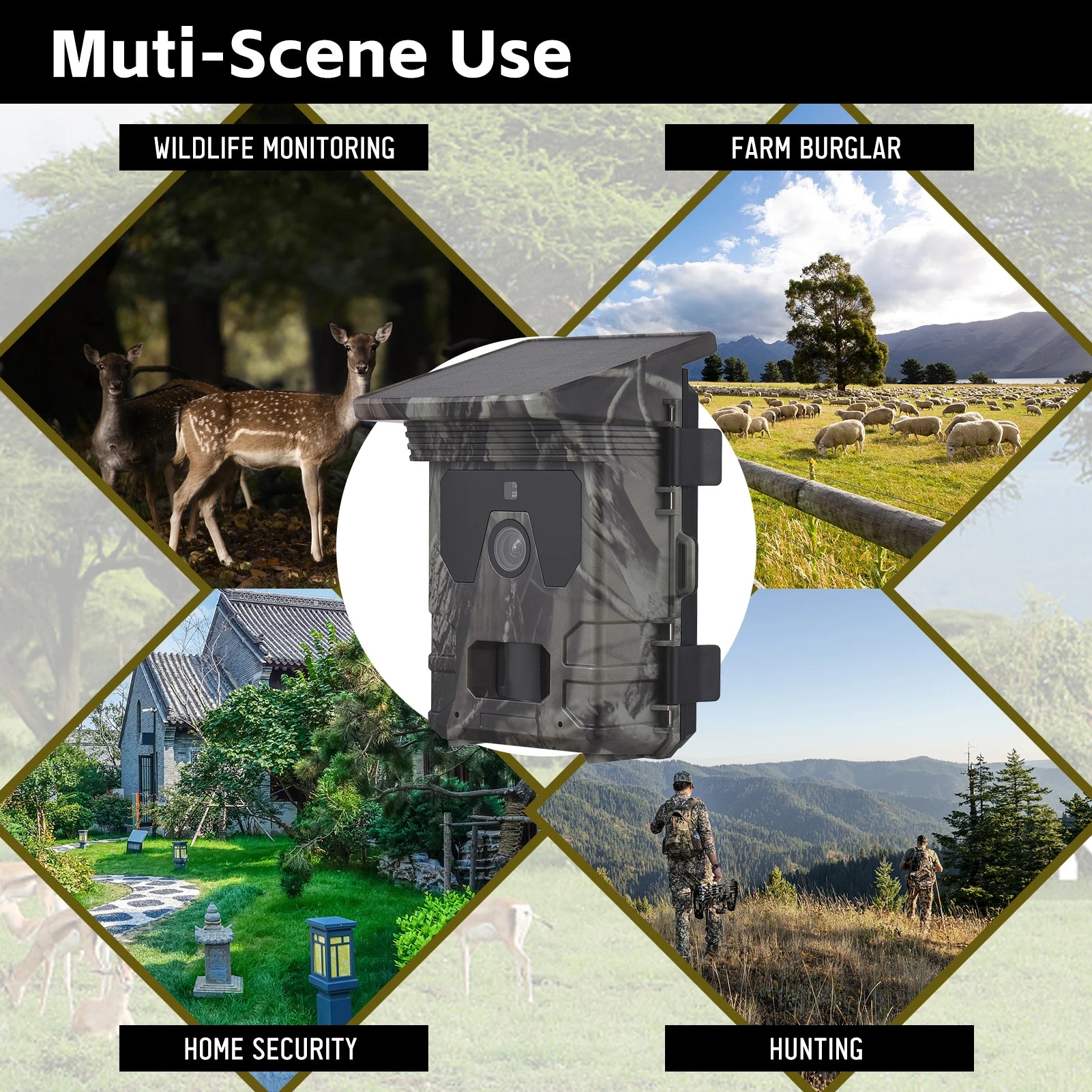 Solar Powered Night Vision Trail Camera 50MP 4K Hunting Cameras 0.3s Trigger Time for Wildlife Monitoring Hunting