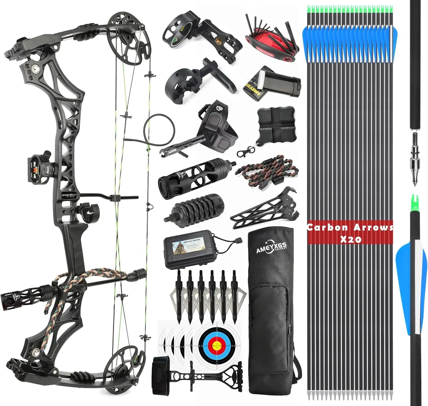Black Compound Bow Kit, Hunting and Target, Limb Made in USA, Draw Weight 30-70 lbs  Adjustable, Draw Length 19-31
