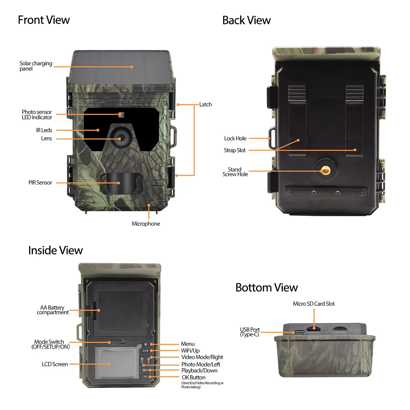 Solar Powered Night Vision Trail Camera 50MP 4K Hunting Cameras 0.3s Trigger Time for Wildlife Monitoring Hunting