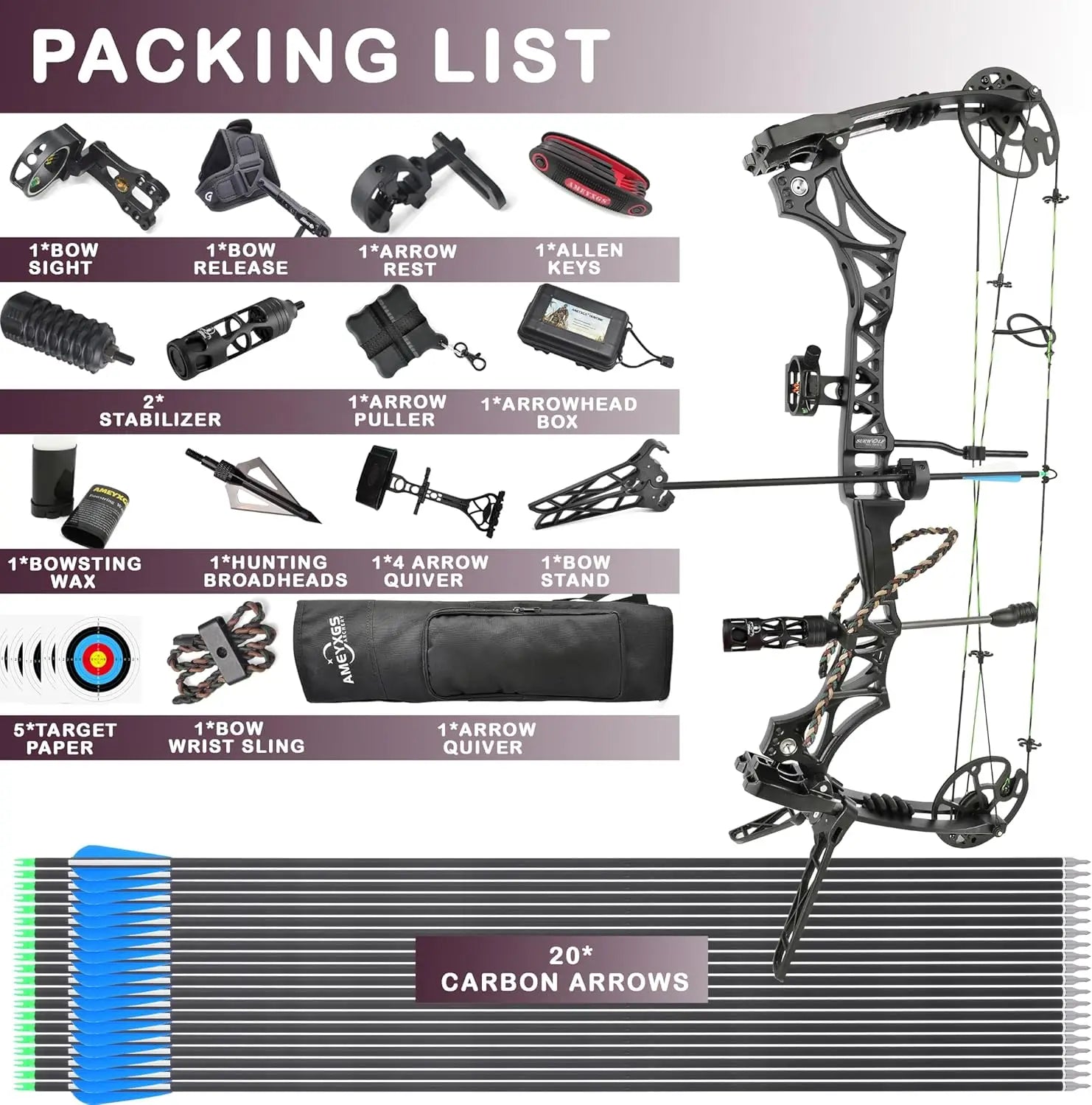 Black Compound Bow Kit, Hunting and Target, Limb Made in USA, Draw Weight 30-70 lbs Adjustable, Draw Length 19-31