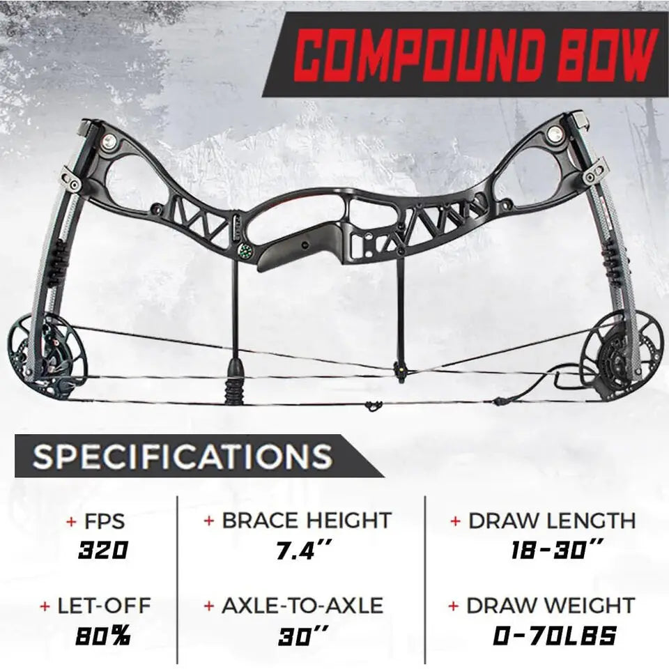M126 Archery Compound Bow Set 0-70lbs Adjustable Let-off 80% Arrow IBO Speed 320 Competitive Hunting Shooting