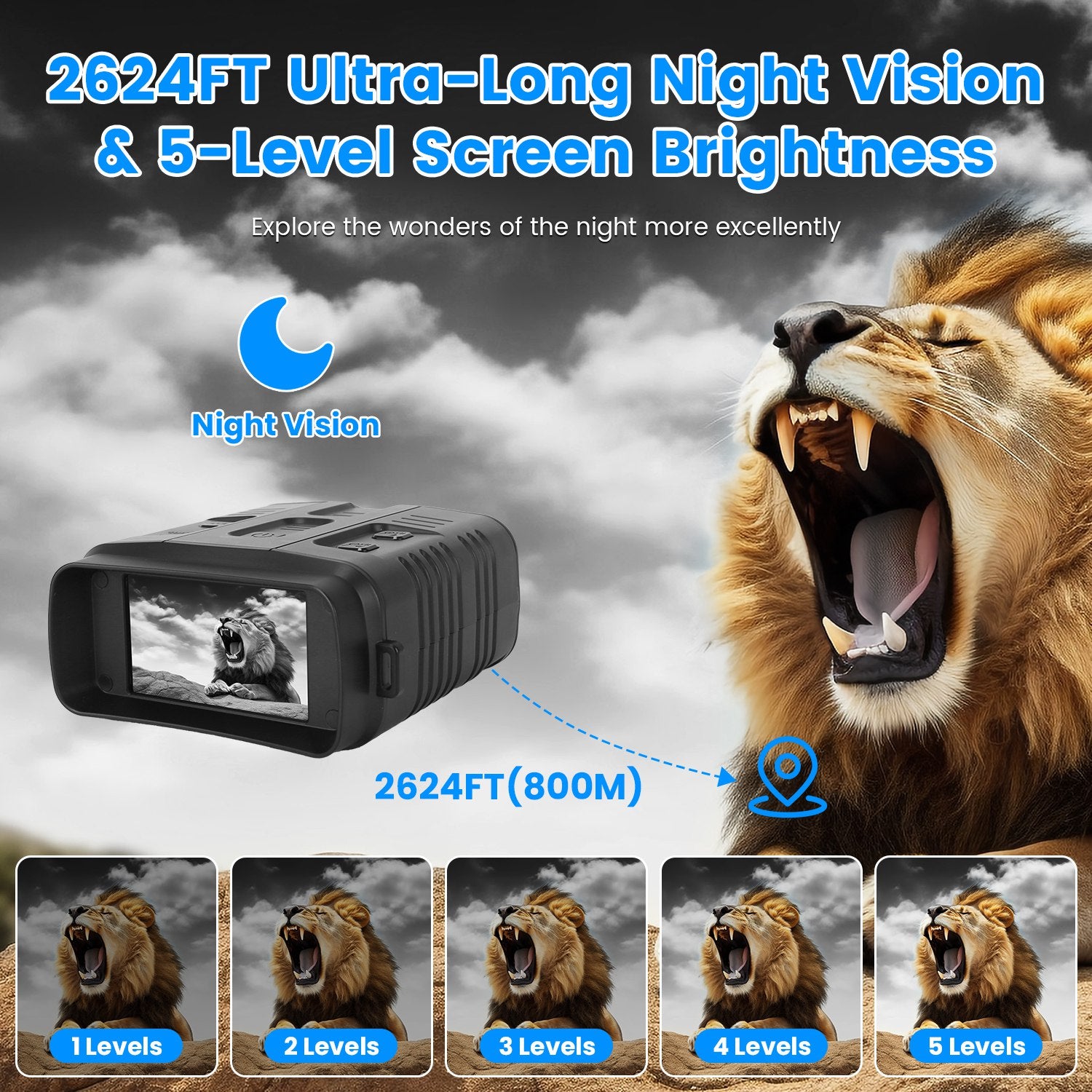 Night vision goggles 10X zoom with 2624FT ultra-long night vision and 5-level screen brightness features.
