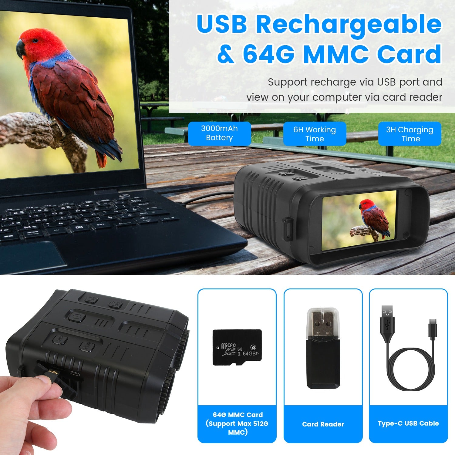 USB rechargeable night vision goggles 10X zoom with 64G MMC card and computer connectivity