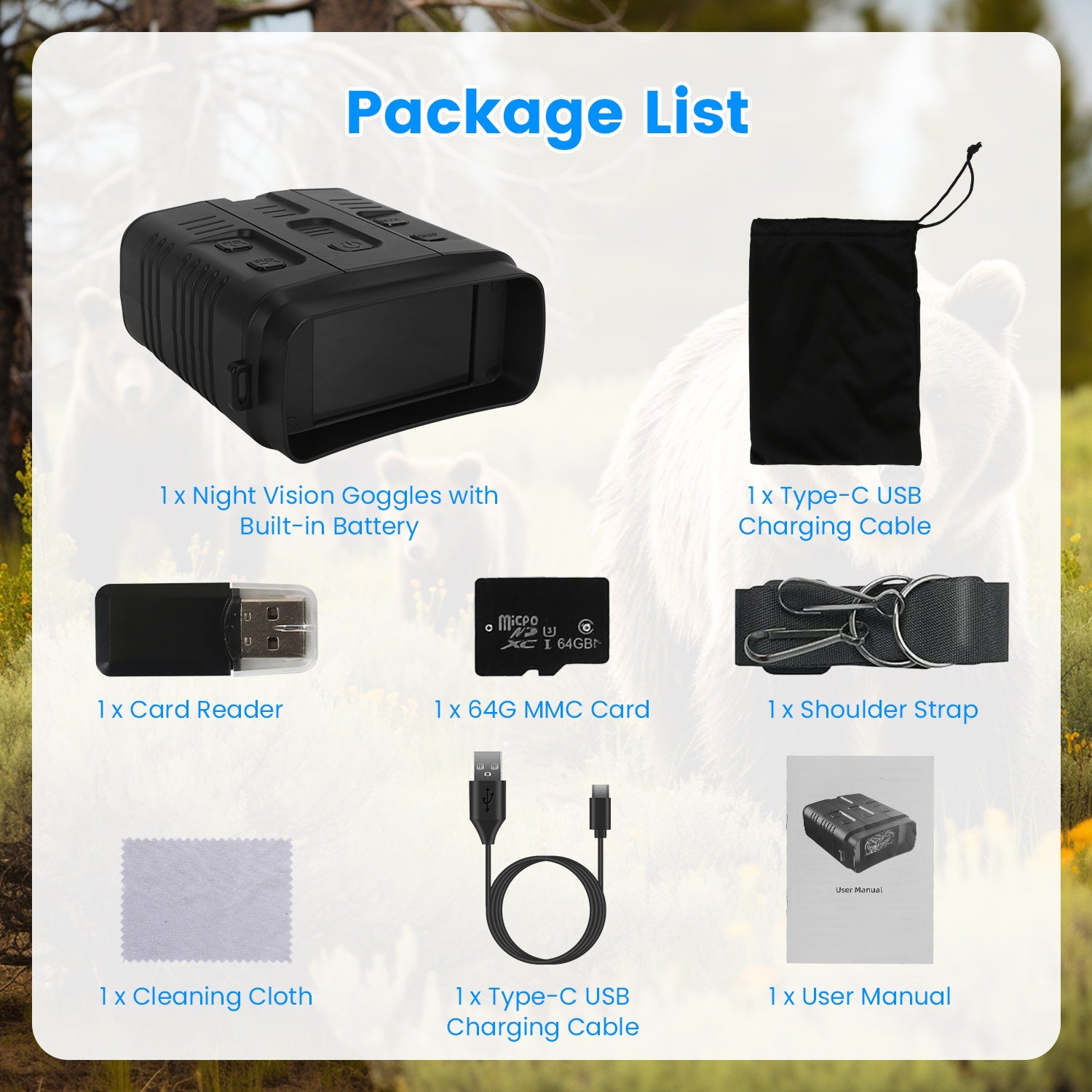 1Pc Night Vision Goggles 4K Full-Color Binoculars 10X Zoom With 2624ft Viewing Range 3in Screen 64G MMC Card WIFI APP Control Save Photo And Video For Camping Hunting & Security