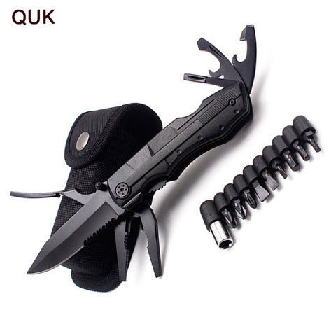 QUK Pliers Multi-tool Folding EDC Camping Outdoor Survival Hunting Screwdriver Kit Bits Knife Bottle Opener Hand Tools Belt-pouch