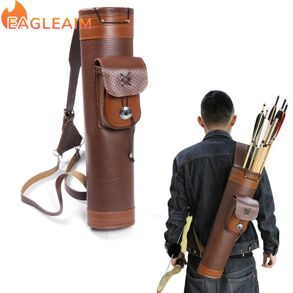 Traditional Shoulder Back Quiver Bow Leather Arrow Holder with Large Pouch Handmade Straps Belt Bag Brown Red