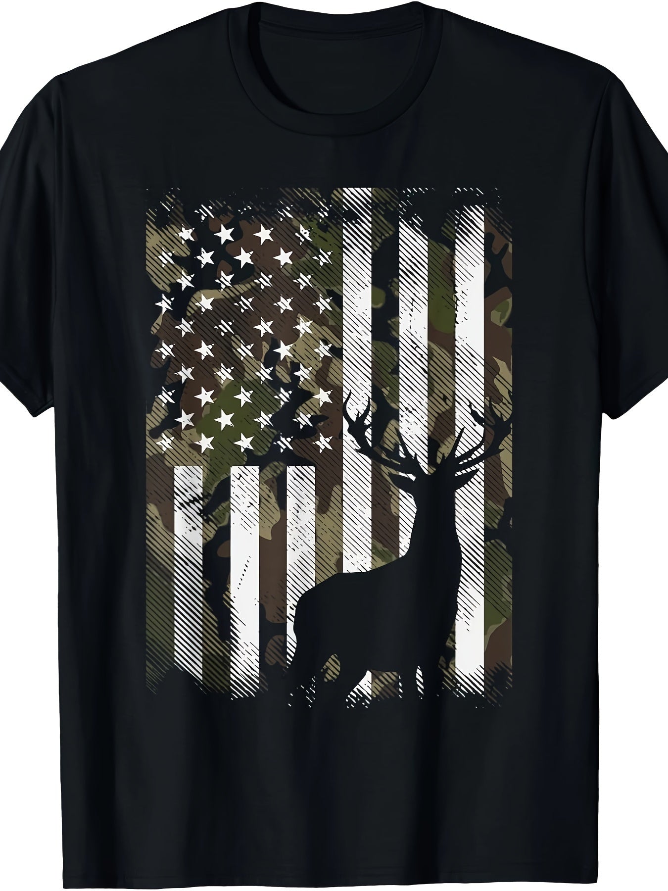 Camouflage American Flag Deer Elk Bucks Camouflage Hunter Dad Gift Short Sleeve T-shirt