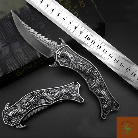 Survival Knife With Embossed Dragon Unique Blade And Belt Clip